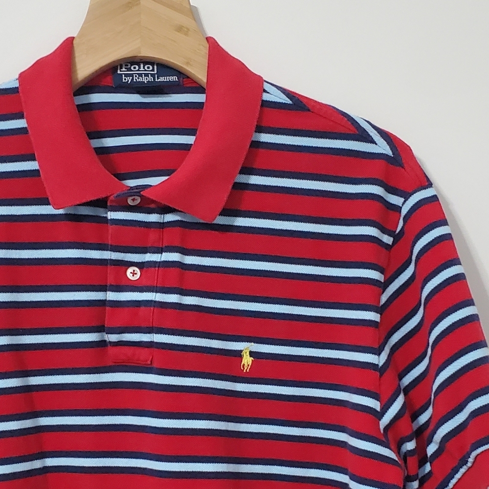 POLO Ralph Lauren Red Blue Striped Cotton Pique Polo Shirt Mens XL